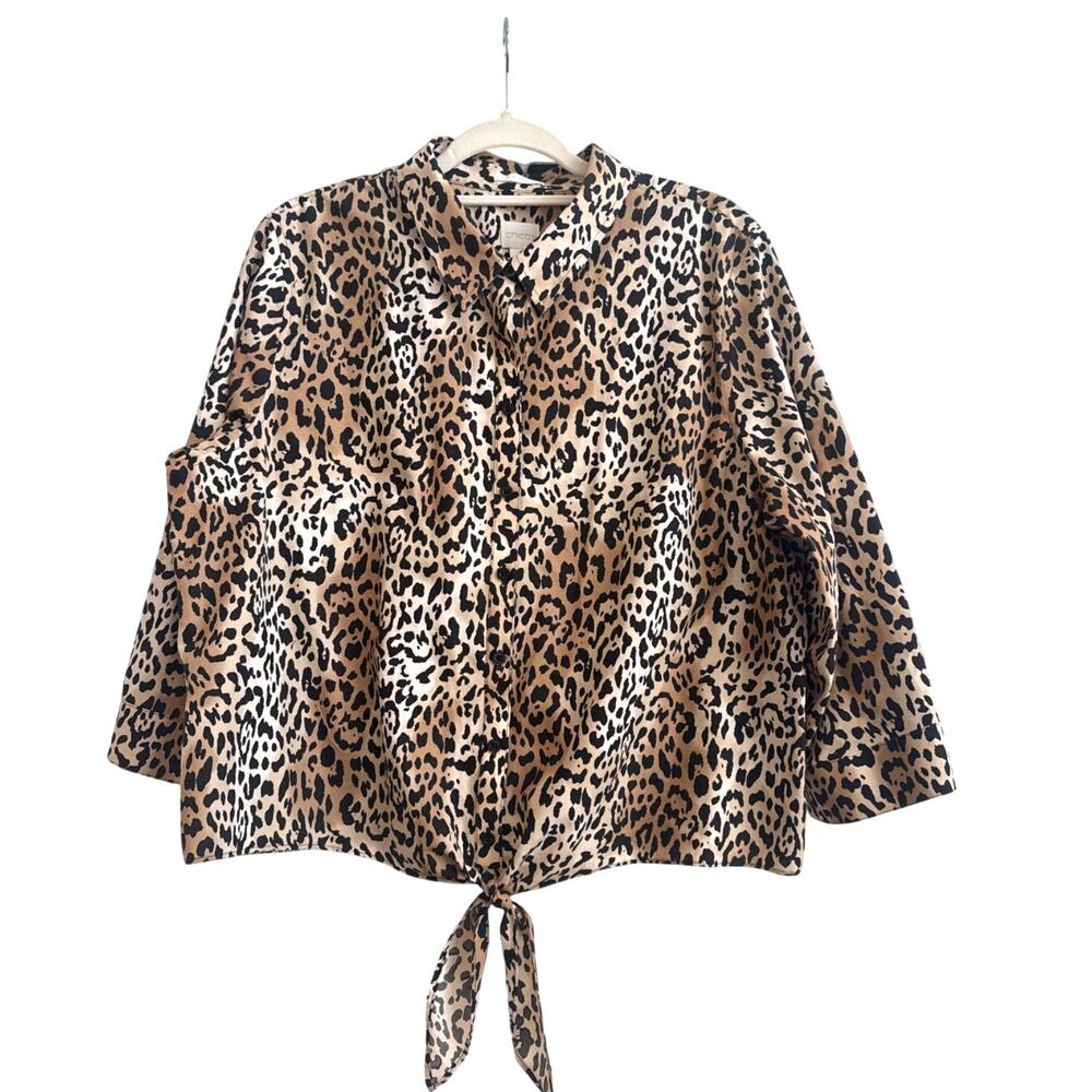 Chico’s No Iron Animal Print Tan/Brown/ Black Collar Button Down Front Tie Top